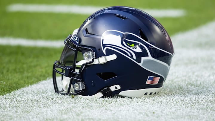 Detailed view of a Seattle Seahawks helmet at State Farm Stadium.