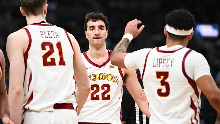 Mar 22, 2026; St. Louis, MO, USA; Iowa State Cyclones forward Milan Momcilovic (22) celebrates with Iowa State Cyclones guard Tamin Lipsey (3) after a play during the second half against the Kentucky Wildcats during a second round game of the men's 2026 NCAA Tournament at Enterprise Center. Mandatory Credit: Jeff Le-Imagn Images Mar 22, 2026; St. Louis, MO, USA; Iowa State Cyclones forward Milan Momcilovic (22) celebrates with Iowa State Cyclones guard Tamin Lipsey (3) after a play during the second half against the Kentucky Wildcats during a second round game of the men's 2026 NCAA Tournament at Enterprise Center. Mandatory Credit: Jeff Le-Imagn Images