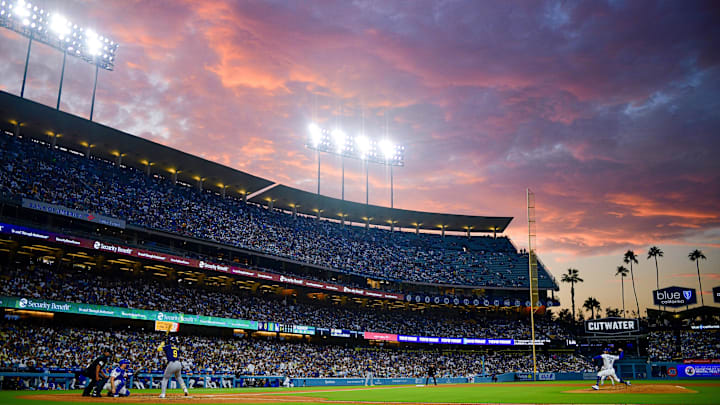 Jul 18, 2025; Los Angeles, California, USA; Los Angeles Dodgers starting pitcher Tyler Glasnow (31) throws against Milwaukee Brewers left fielder Jake Bauers (9) during the fifth inning at Dodger Stadium. Mandatory Credit: Gary A. Vasquez-Imagn Images