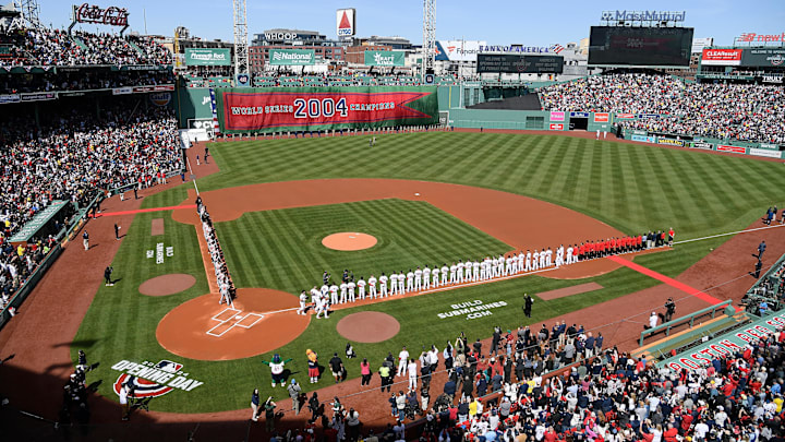 Apr 9, 2024; Boston, Massachusetts, USA; Opening day ceremonies at Fenway Park before a game between the Boston Red Sox and the Baltimore Orioles. Mandatory Credit: Eric Canha-Imagn Images