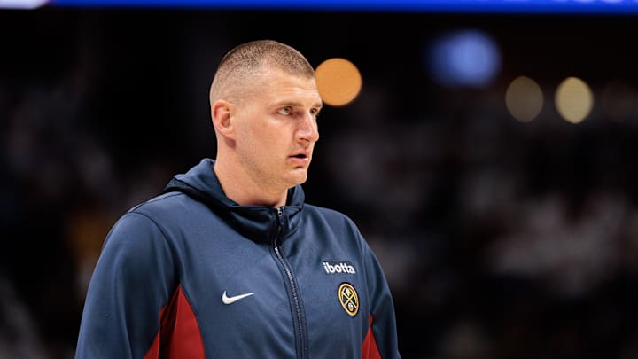 Denver Nuggets center Nikola Jokic (15) before game one of the first round for the 2024 NBA playoffs at Ball Arena. Denver Nuggets center Nikola Jokic (15) before game one of the first round for the 2024 NBA playoffs at Ball Arena.
