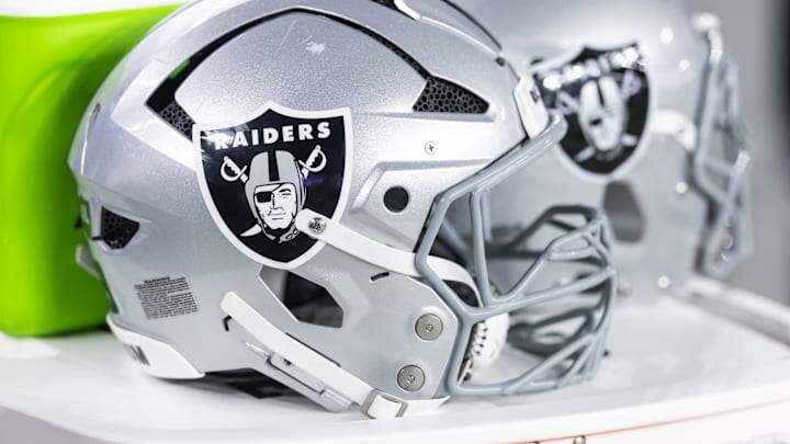 Aug 23, 2025; Glendale, Arizona, USA; Detailed view of a Las Vegas Raiders helmet during a preseason NFL game at State Farm Stadium. Mandatory Credit: Mark J. Rebilas-Imagn Images