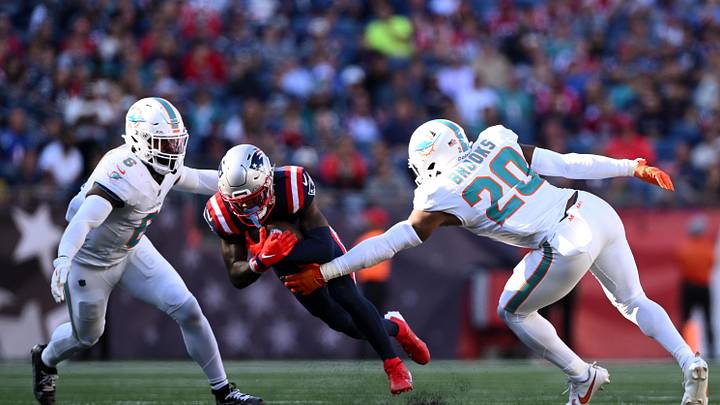 New England Patriots wide receiver DeMario Douglas (3) rushes against Miami Dolphins linebacker Anthony Walker Jr. (6) and linebacker Jordyn Brooks (20) during the second half at Gillette Stadium last season. New England Patriots wide receiver DeMario Douglas (3) rushes against Miami Dolphins linebacker Anthony Walker Jr. (6) and linebacker Jordyn Brooks (20) during the second half at Gillette Stadium last season.