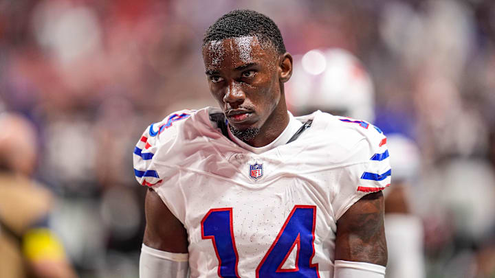 Oct 13, 2025; Atlanta, Georgia, USA; Buffalo Bills wide receiver Tyrell Shavers (14) on the field against the Atlanta Falcons at Mercedes-Benz Stadium. Oct 13, 2025; Atlanta, Georgia, USA; Buffalo Bills wide receiver Tyrell Shavers (14) on the field against the Atlanta Falcons at Mercedes-Benz Stadium.