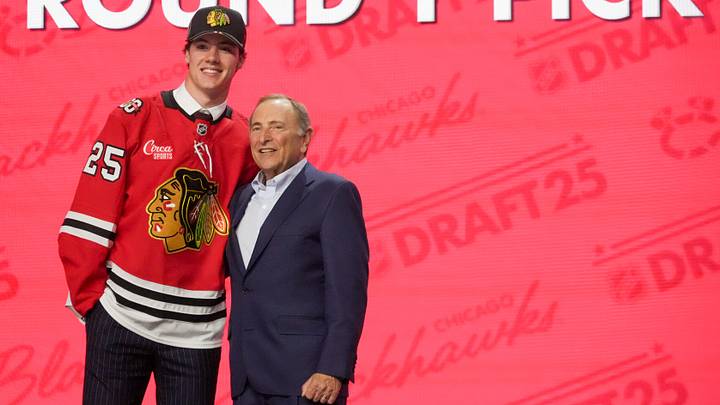 Jun 27, 2025; Los Angeles, California, USA; Mason West is selected as the 29th overall pick to the Chicago Blackhawks in the first round of the 2025 NHL Draft at Peacock Theater. Mandatory Credit: Kirby Lee-Imagn Images