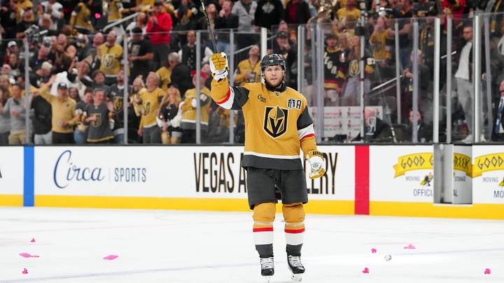 Jun 6, 2026; Las Vegas, Nevada, USA; Vegas Golden Knights center William Karlsson (71) celebrates after a double overtime win against the Carolina Hurricanes of game three of the 2026 Stanley Cup Final at T-Mobile Arena. Mandatory Credit: Stephen R. Sylvanie-Imagn Images Jun 6, 2026; Las Vegas, Nevada, USA; Vegas Golden Knights center William Karlsson (71) celebrates after a double overtime win against the Carolina Hurricanes of game three of the 2026 Stanley Cup Final at T-Mobile Arena. Mandatory Credit: Stephen R. Sylvanie-Imagn Images