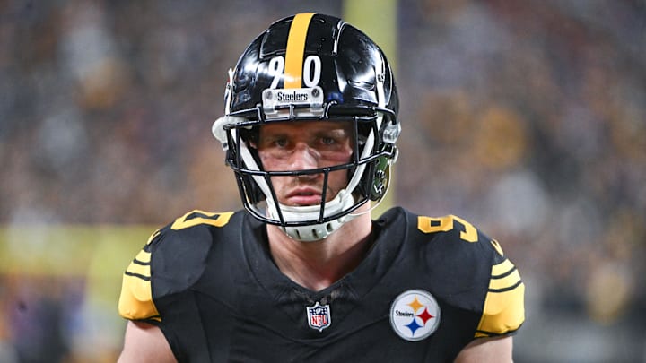 Oct 28, 2024; Pittsburgh, Pennsylvania, USA; Pittsburgh Steelers linebacker T.J. Watt (90)gets ready to take the field against the New York Giants during the first quarter at Acrisure Stadium. Mandatory Credit: Barry Reeger-Imagn Images