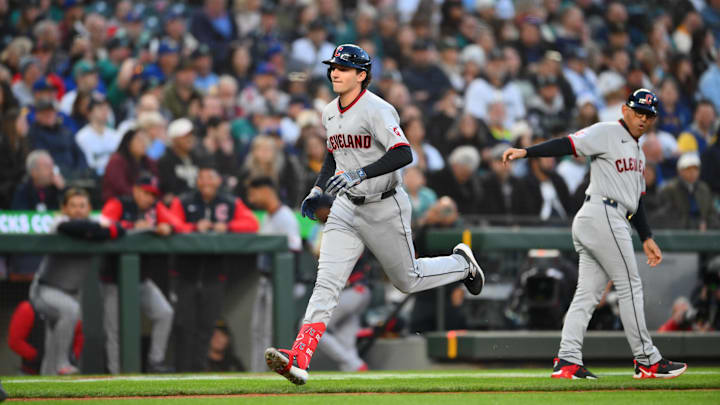 Mar 26, 2026; Seattle, Washington, USA; Cleveland Guardians right fielder Chase DeLauter (24) runs the bases after hitting a home run against the Seattle Mariners during the first inning at T-Mobile Park. Mandatory Credit: Steven Bisig-Imagn Images Mar 26, 2026; Seattle, Washington, USA; Cleveland Guardians right fielder Chase DeLauter (24) runs the bases after hitting a home run against the Seattle Mariners during the first inning at T-Mobile Park. Mandatory Credit: Steven Bisig-Imagn Images