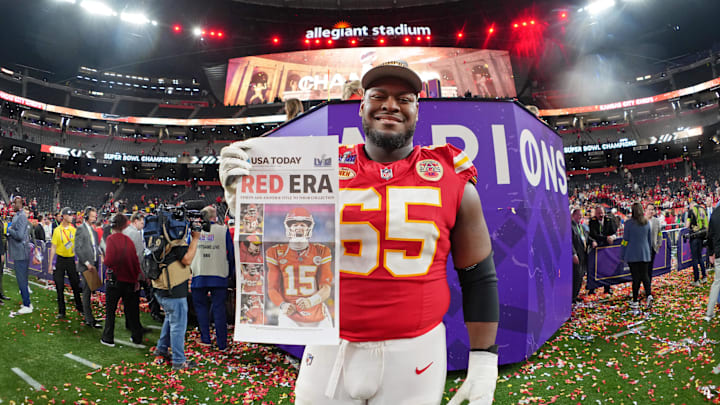 Feb 11, 2024; Paradise, Nevada, USA; Kansas City Chiefs guard Trey Smith (65) poses for a photo