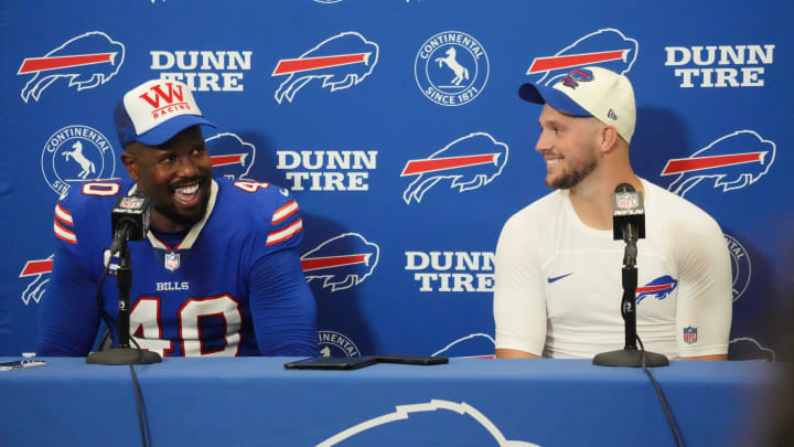 Sep 8, 2022; Inglewood, California, USA; Buffalo Bills linebacker Von Miller (40) and quarterback Josh Allen (17)  talks to the press after the game against the Los Angeles Rams at SoFi Stadium. Mandatory Credit: Kirby Lee-USA TODAY Sports
