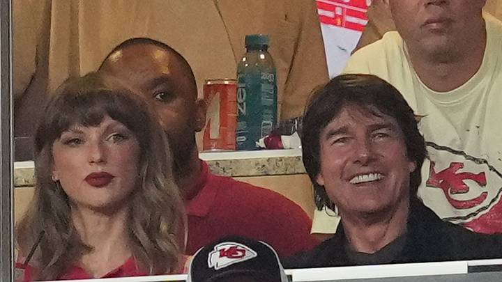 Sep 14, 2026; Kansas City, Missouri, USA; Taylor Swift and Tom Cruise watch the game at GEHA Field at Arrowhead Stadium. 