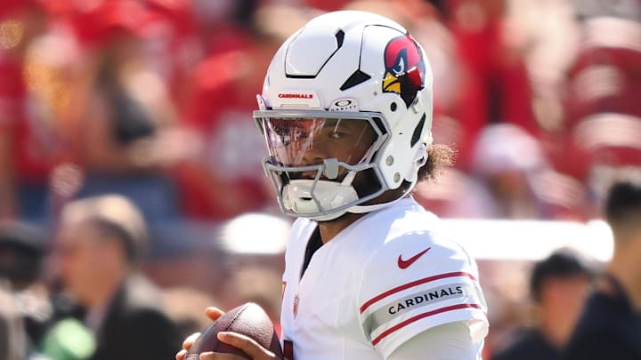 Oct 6, 2024; Santa Clara, California, USA; Arizona Cardinals quarterback Kyler Murray (1) warms up before the game against the San Francisco 49ers at Levi's Stadium. Mandatory Credit: Kelley L Cox-Imagn Images
