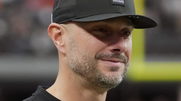 Jan 4, 2026; Paradise, Nevada, USA; Las Vegas Raiders general manager John Spytek reacts during the game against the Kansas City Chiefs at Allegiant Stadium. Mandatory Credit: Kirby Lee-Imagn Images