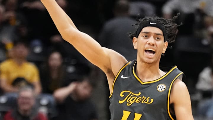 Dec 14, 2024; Columbia, Missouri, USA; Missouri Tigers guard Trent Pierce (11) celebrates after making a three point shot against the LIU Sharks during the first half at Mizzou Arena. Mandatory Credit: Denny Medley-Imagn Images