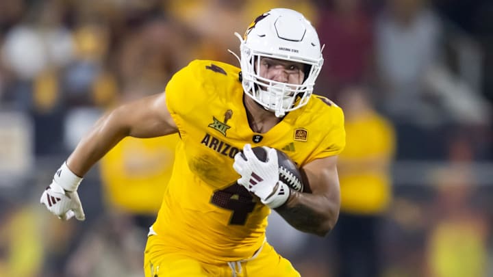 Arizona State Sun Devils running back Cam Skattebo (4) is out with a shoulder injury. Arizona State Sun Devils running back Cam Skattebo (4) is out with a shoulder injury.