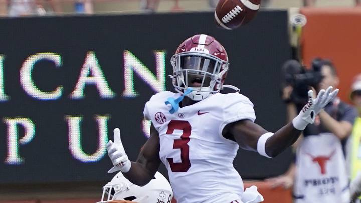 Sep 10, 2022; Austin, Texas, USA; Alabama Crimson Tide defensive back Terrion Arnold (3) breaks up a pass intended for Texas Longhorns wide receiver Xavier Worthy (8) during the first half at at Darrell K Royal-Texas Memorial Stadium. Mandatory Credit: Scott Wachter-Imagn Images