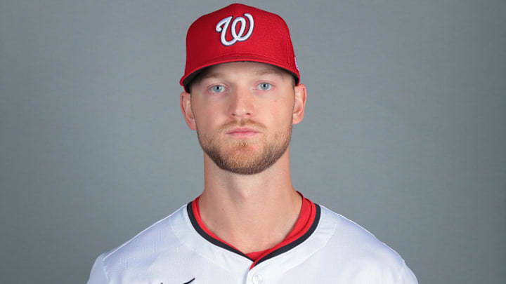 Feb 21, 2025; West Palm Beach, FL, USA; Washington Nationals relief pitcher Michael Soroka (34) poses for a photo during picture day at CACTI Park of the Palm Beaches