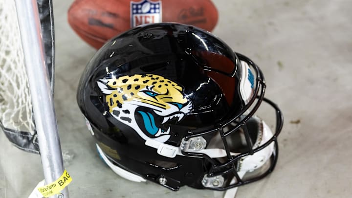 Nov 23, 2025; Glendale, Arizona, USA; Detailed view of a Jacksonville Jaguars helmet at State Farm Stadium. Mandatory Credit: Mark J. Rebilas-Imagn Images