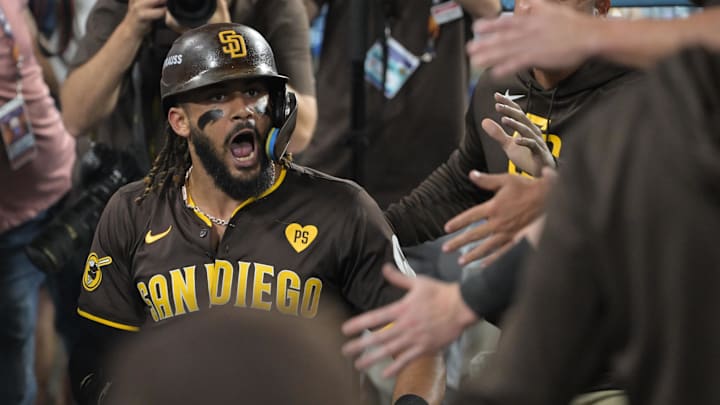 San Diego Padres outfielder Fernando Tatis Jr. celebrates after hitting a home run against the Los Angeles Dodgers in Game 2 of the NLDS on Sunday at Dodger Stadium.