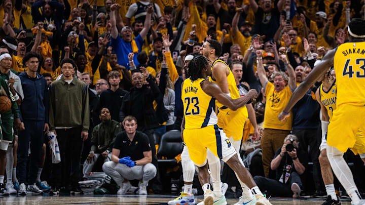 Apr 26, 2024; Indianapolis, Indiana, USA; Indiana Pacers guard Tyrese Haliburton (0) celebrates a
