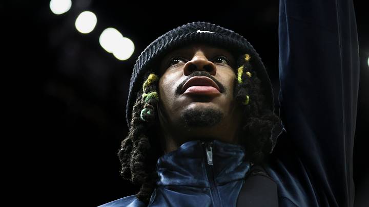 Jan 24, 2024; Miami, Florida, USA; Memphis Grizzlies guard Ja Morant (12) looks on from the sideline against the Miami Heat during the fourth quarter at Kaseya Center. Jan 24, 2024; Miami, Florida, USA; Memphis Grizzlies guard Ja Morant (12) looks on from the sideline against the Miami Heat during the fourth quarter at Kaseya Center.