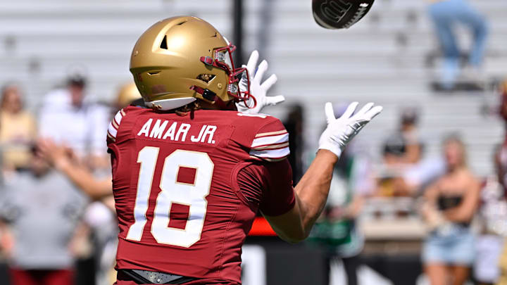 Aug 30, 2025; Chestnut Hill, Massachusetts, USA; Boston College Eagles tight end Stevie Amar Jr. (18) warms up before a game against the Fordham Rams at Alumni Stadium. Mandatory Credit: Eric Canha-Imagn Images