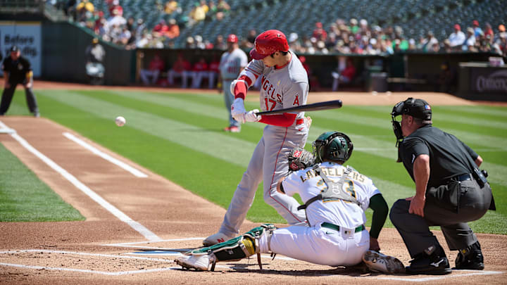 Sep 3, 2023; Oakland, California, USA; Los Angeles Angels designated hitter Shohei Ohtani (17) bats
