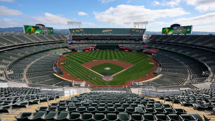 Sep 24, 2023; Oakland, California, USA; A general view of Oakland-Alameda County Coliseum from the third seating level before the game between the Detroit Tigers and the Oakland Athletics Coliseum. Mandatory Credit: Robert Edwards-USA TODAY Sports Sep 24, 2023; Oakland, California, USA; A general view of Oakland-Alameda County Coliseum from the third seating level before the game between the Detroit Tigers and the Oakland Athletics Coliseum. Mandatory Credit: Robert Edwards-USA TODAY Sports