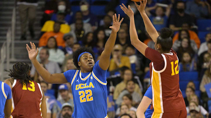 Dec 30, 2023; Los Angeles, California, USA; UCLA Bruins forward Christeen Iwuala (22) defends a shot