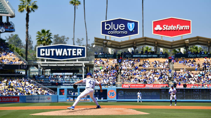 Apr 2, 2023; Los Angeles, California, USA; Los Angeles Dodgers starting pitcher Noah Syndergaard (43) throws against the Arizona Diamondbacks during the fourth inning at Dodger Stadium. Mandatory Credit: Gary A. Vasquez-USA TODAY Sports