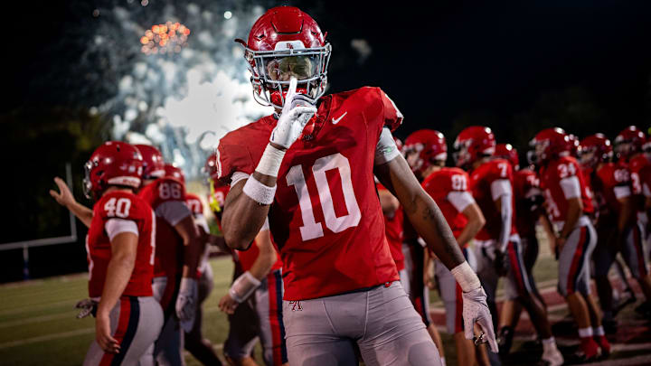 Brentwood Academy's Kenneth Simon (10) celebrates after defeating Ensworth at Brentwood Academy in Brentwood, Tenn., Friday, Sept. 26, 2025. Brentwood Academy's Kenneth Simon (10) celebrates after defeating Ensworth at Brentwood Academy in Brentwood, Tenn., Friday, Sept. 26, 2025.