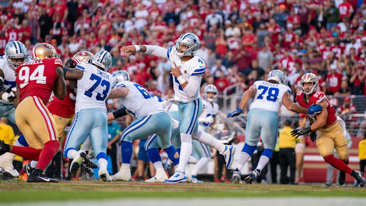Dallas Cowboys quarterback Dak Prescott (4) passes the football during the second quarter against the San Francisco 49ers at Levi's Stadium.