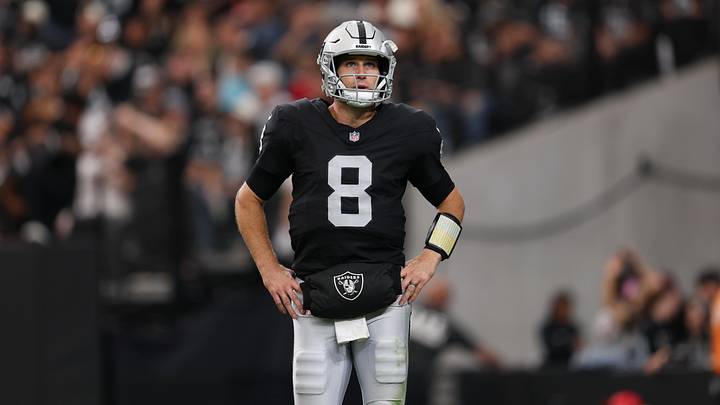Oct 4, 2026; Paradise, Nevada, USA; Las Vegas Raiders quarterback Kirk Cousins (8) stands on the field between plays against the Kansas City Chiefs at Allegiant Stadium. Mandatory Credit: David Brytus-Imagn Images