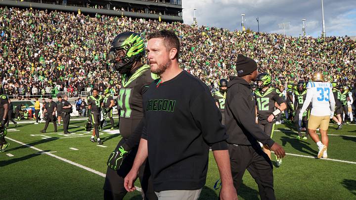 Oregon head coach Dan Lanning walks off the field after the Ducks' loss as the Oregon Ducks host the UCLA Bruins on Oct. 10, 2026, at Autzen Stadium in Eugene, Oregon.