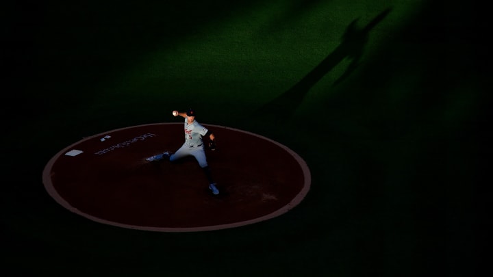 Jun 27, 2024; Anaheim, California, USA; Detroit Tigers starting pitcher Jack Flaherty (9) throws against the Los Angeles Angels during the third inning at Angel Stadium. Mandatory Credit: Gary A. Vasquez-USA TODAY Sports