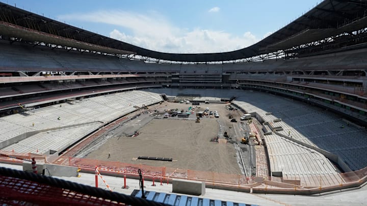 Construction continues on the Buffalo Bills new stadium, across the street from their current home at Highmark Stadium, in Orchard Park, NY Thursday, July 10, 2025. This is the view from one of the end zone’s looking out into the stadium.