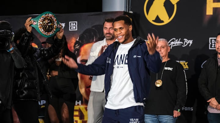 Devin Haney makes weight, weighting in at 140lbs for his WBC super lightweight championship bout with Ryan Garcia Saturday night at Barclays Center in Brooklyn. New York. 