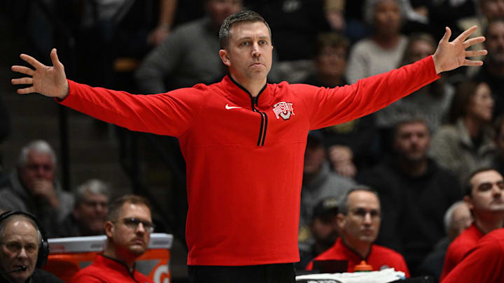 Ohio State head coach Jake Diebler motions toward his team during the first half against Purdue
