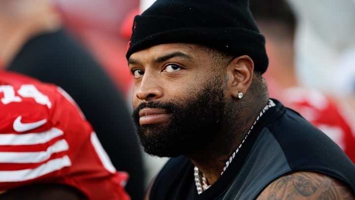 Aug 23, 2025; Santa Clara, California, USA; San Francisco 49ers offensive tackle Trent Williams (71) on the bench during the second quarter against the Los Angeles Chargers at Levi's Stadium. Mandatory Credit: Sergio Estrada-Imagn Images