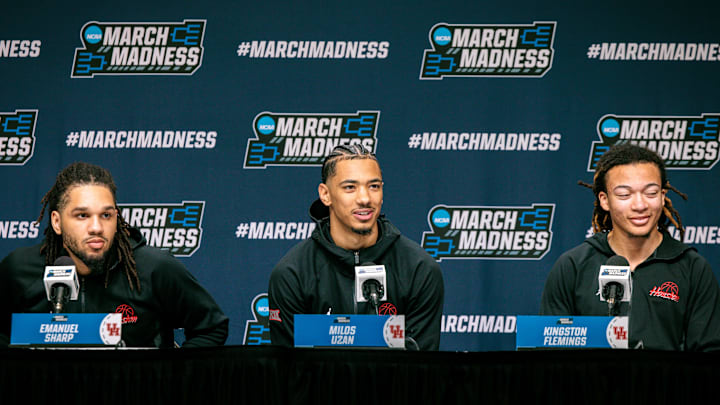 Mar 18, 2026; Oklahoma City, OK, USA; Houston Cougars guard Kingston Flemings (4) Houston Cougars guard Emanuel Sharp (21) and Houston Cougars guard Milos Uzan (7) answer questions during a press conference prior to the practice session ahead of the first round of the men's 2026 NCAA Tournament at Paycom Center. Mandatory Credit: William Purnell-Imagn Images Mar 18, 2026; Oklahoma City, OK, USA; Houston Cougars guard Kingston Flemings (4) Houston Cougars guard Emanuel Sharp (21) and Houston Cougars guard Milos Uzan (7) answer questions during a press conference prior to the practice session ahead of the first round of the men's 2026 NCAA Tournament at Paycom Center. Mandatory Credit: William Purnell-Imagn Images