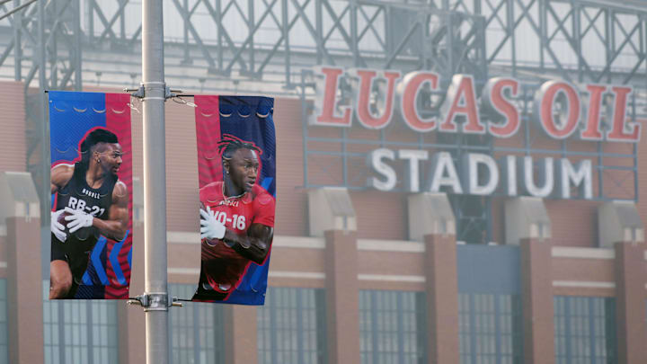 Banners outside of Lucas Oil Stadium in Indianapolis for the NFL Scouting Combine. Banners outside of Lucas Oil Stadium in Indianapolis for the NFL Scouting Combine.