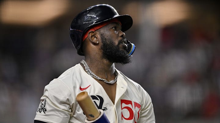Jul 25, 2025; Arlington, Texas, USA; Texas Rangers right fielder Adolis Garcia (53) during the game between the Texas Rangers and the Atlanta Braves at Globe Life Field. Mandatory Credit: Jerome Miron-Imagn Images Jul 25, 2025; Arlington, Texas, USA; Texas Rangers right fielder Adolis Garcia (53) during the game between the Texas Rangers and the Atlanta Braves at Globe Life Field. Mandatory Credit: Jerome Miron-Imagn Images