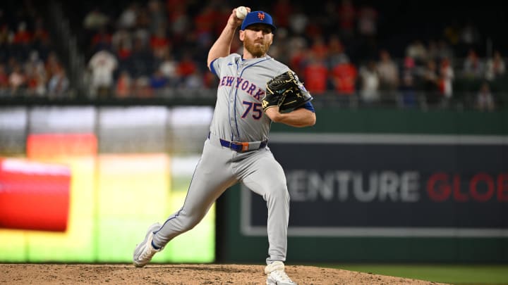 Jul 1, 2024; Washington, District of Columbia, USA; New York Mets relief pitcher Reed Garrett (75) prepares the throw a pitch against the Washington Nationals during the tenth inning at Nationals Park. Mandatory Credit: Rafael Suanes-USA TODAY Sports