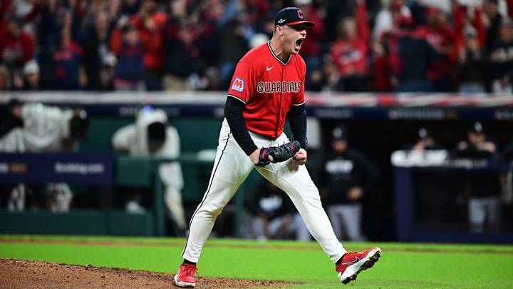 Oct 10, 2026; Cleveland, Ohio, USA; Cleveland Guardians pitcher Erik Sabrowski (62) reacts after clearing five from loaded bases during the sixth inning against the Chicago White Sox in game five of the ALDS for the 2026 MLB Playoffs at Progressive Field. Mandatory Credit: David Dermer-Imagn Images Oct 10, 2026; Cleveland, Ohio, USA; Cleveland Guardians pitcher Erik Sabrowski (62) reacts after clearing five from loaded bases during the sixth inning against the Chicago White Sox in game five of the ALDS for the 2026 MLB Playoffs at Progressive Field. Mandatory Credit: David Dermer-Imagn Images