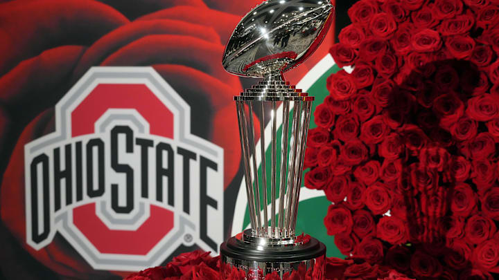 Dec 30, 2024; Los Angeles, CA, USA; The Leishman Trophy and Ohio State Buckeyes logo during Rose Bowl media day at Sheraton Grand LA. Mandatory Credit: Kirby Lee-Imagn Images