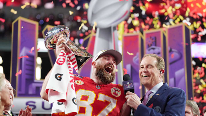 Kansas City Chiefs tight end Travis Kelce celebrates while being interviewed by CBS' Jim Nantz after winning Super Bowl LVIII. Kansas City Chiefs tight end Travis Kelce celebrates while being interviewed by CBS' Jim Nantz after winning Super Bowl LVIII.