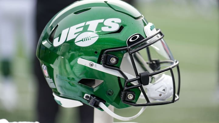 Aug 12, 2023; Charlotte, North Carolina, USA; New York Jets helmet during the second quarter against the Carolina Panthers at Bank of America Stadium. Mandatory Credit: Jim Dedmon-Imagn Images