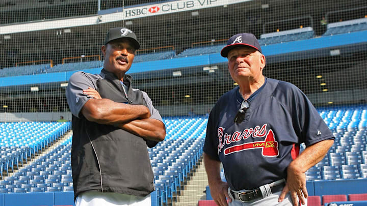 Jun 27, 2008; Toronto, ON, Canada; Toronto Blue Jays manager Cito Gaston (left) reunites with Atlanta Braves manager Bobby Cox before their game at the Rogers Centre in Toronto, ON. Gaston was the hitting coach in Toronto when Cox was the manager for several years beginning in 1982 and the two faced off as managers of their repective teams in the 1992 World Series. Mandatory Credit: Tom Szczerbowski-Imagn Images