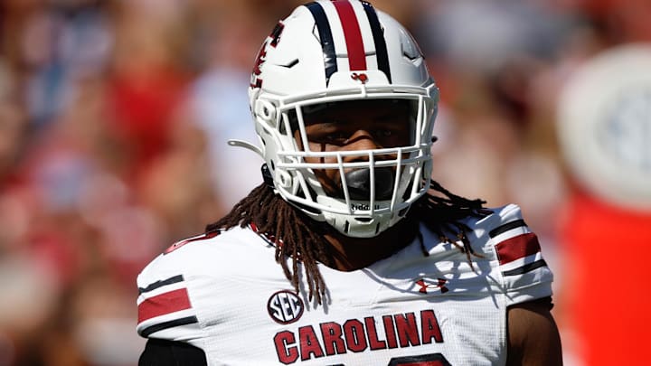 Oct 12, 2024; Tuscaloosa, Alabama, USA;  South Carolina Gamecocks defensive tackle T.J. Sanders (90) during the first half at Bryant-Denny Stadium. Mandatory Credit: Butch Dill-Imagn Images