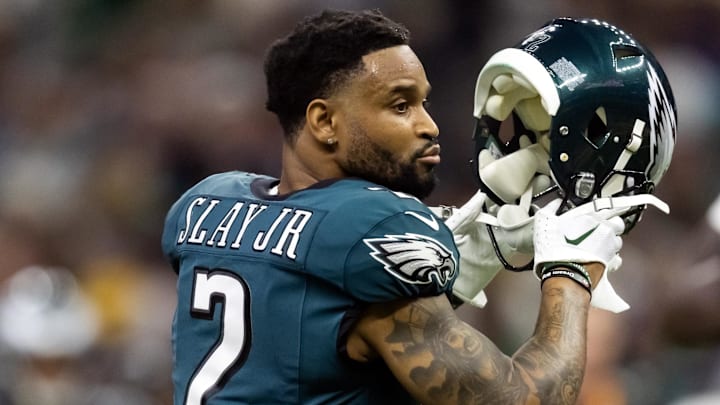 Feb 9, 2025; New Orleans, LA, USA; Philadelphia Eagles cornerback Darius Slay Jr. (2) against the Kansas City Chiefs during Super Bowl LIX at Ceasars Superdome. Mandatory Credit: Mark J. Rebilas-Imagn Images